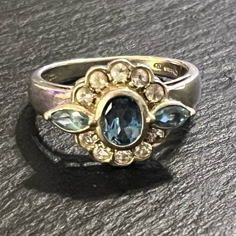 Vintage Sterling Silver 925 Blue Topaz And Cz Floral Ring Size 12